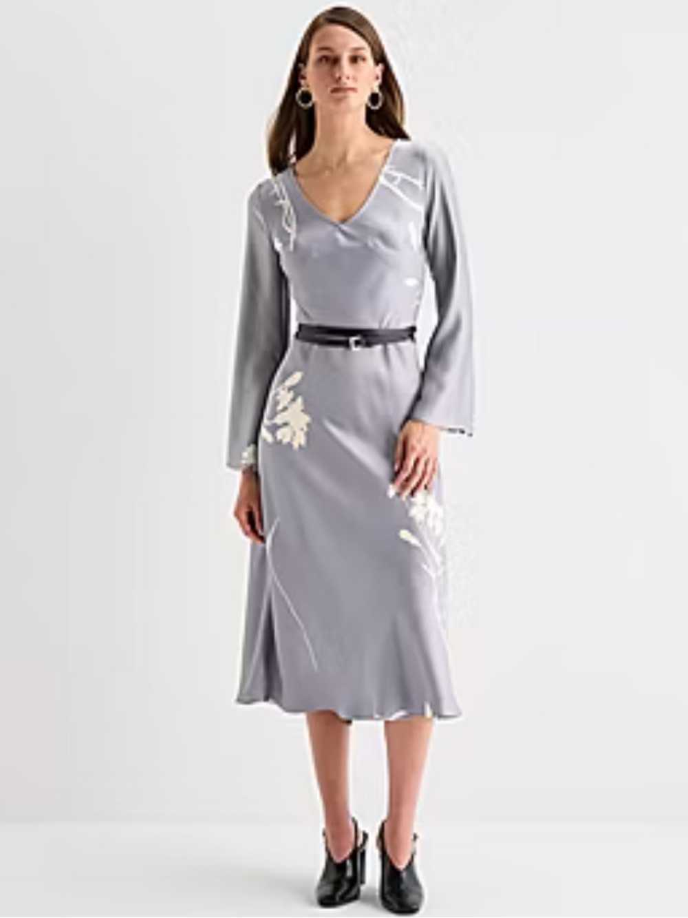 Lavender Gray Floral V-Neck Midi Dress
